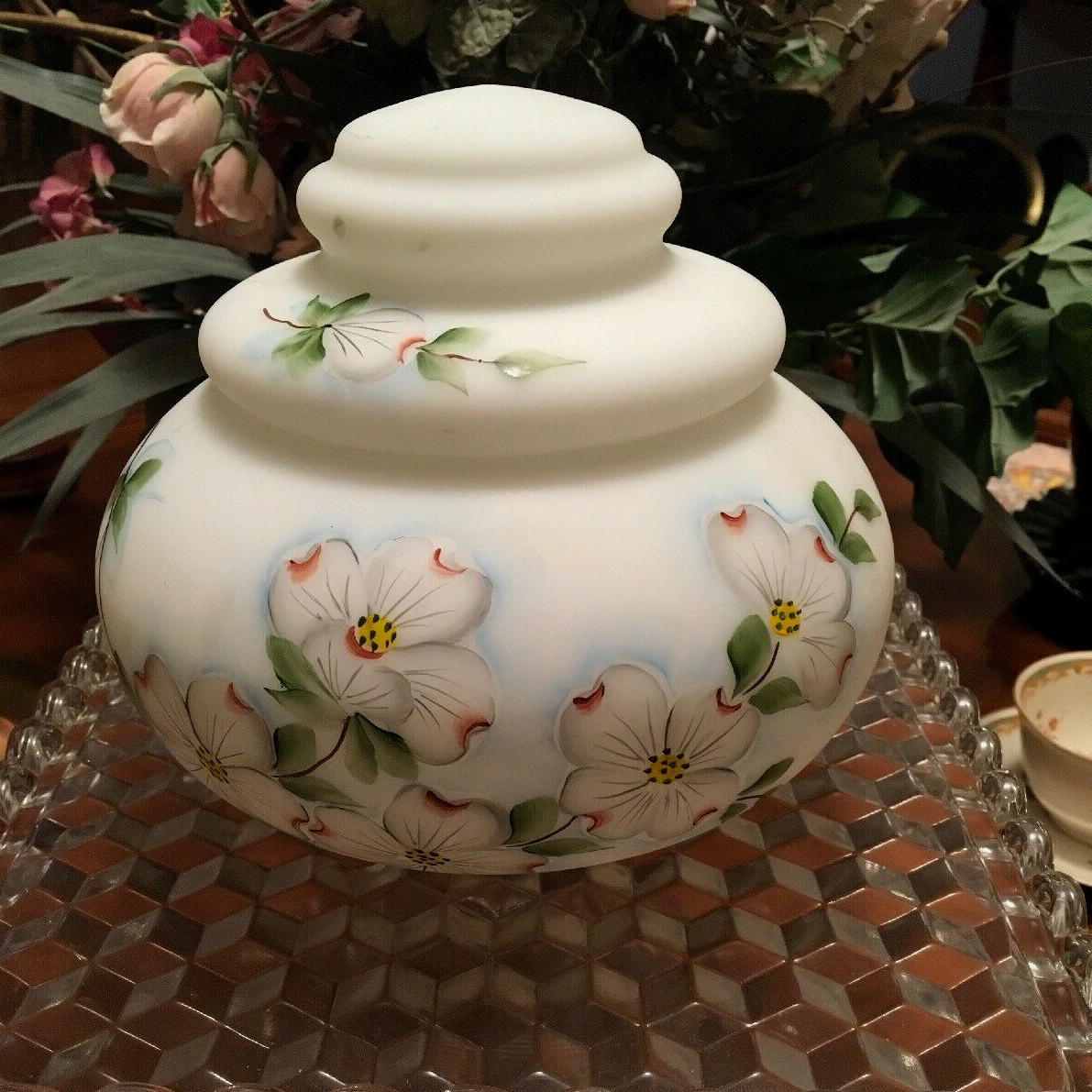 Hand Painted Artist Signed Art Glass Biscuit  Ginger Cracker Jar Satin Glass