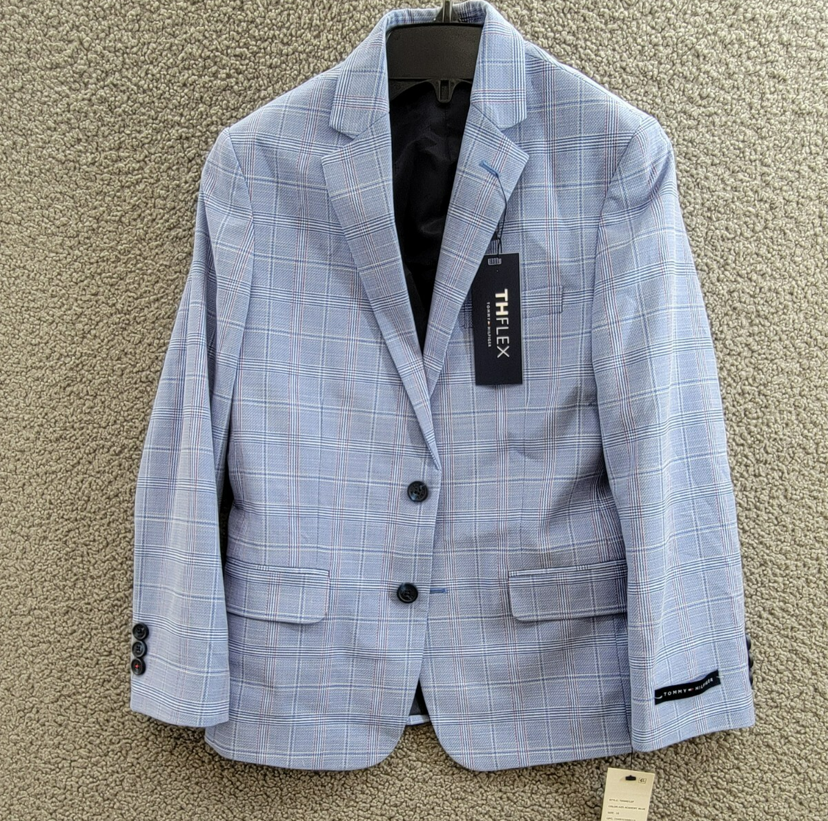 Tommy Hilfiger Stretch Deco Plaid Sport Coat Big Boys 10 Blue Flap Pockets L/S - Picture 2 of 19