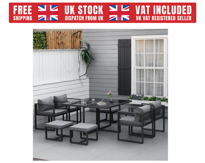8 Seater Dining Cube Set Dining Table 4 Chairs 4 Footstools Cushion Grey