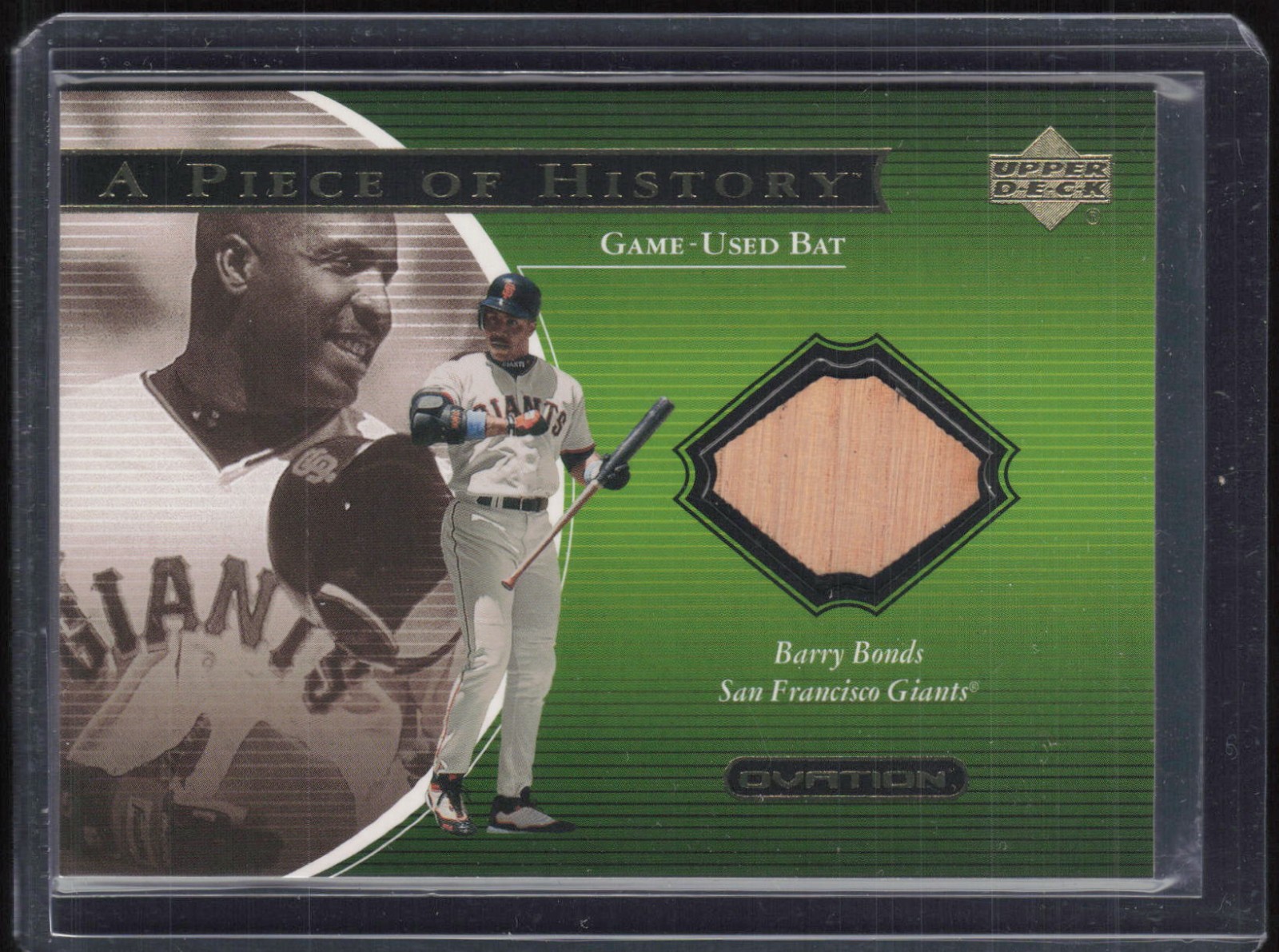 2001 Upper Deck Ovation A Piece of History Green Barry Bonds Game Used Bat