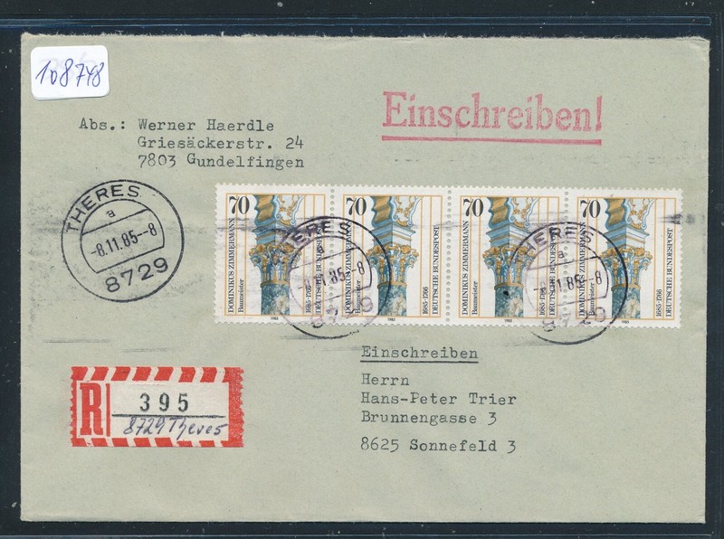 108748) Reco-Brief 1985, Rz Mit Hs. 8729 Theres, Mef 4er-Str. 70pf Zimmermann