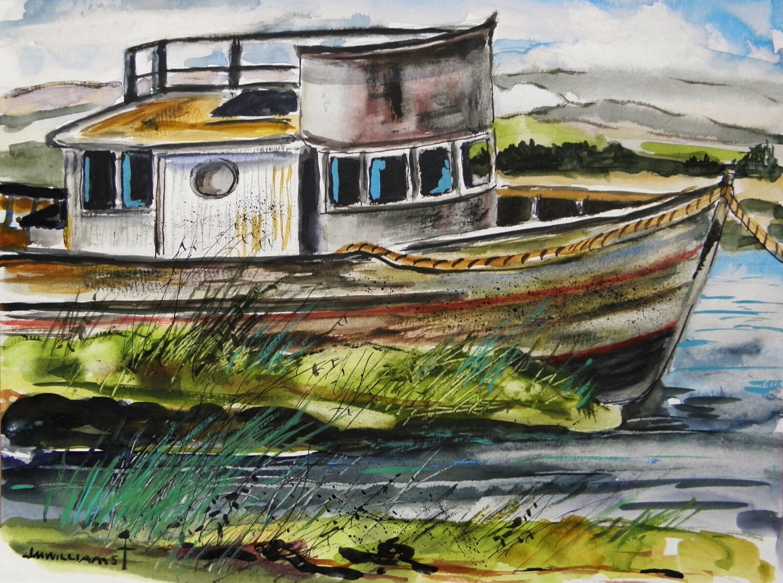 ORIGINAL Boat Landscape WATERCOLOR Painting Impressionism | eBay