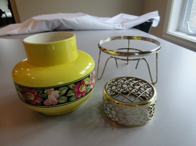 Vtg 1920-30 :Falcon Ware No 2  Art Deco Flower Frog Vase Yellow / Pink flowers