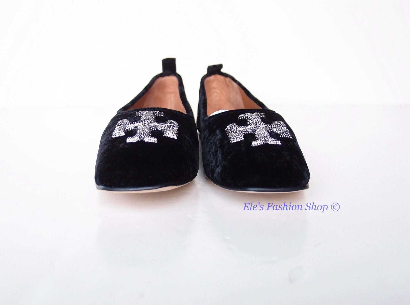 Pre-owned Tory Burch Eleanor Pave Crystal Logo Velvet Ballet Flat Black 7 7.5 8 8.5 9