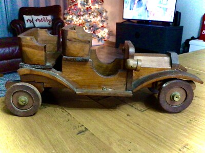 VINTAGE HANDCRAFTED LARGE WOODEN ANTIQUE CAR TOY HOME OFFICE DECOR 12'' x 5''