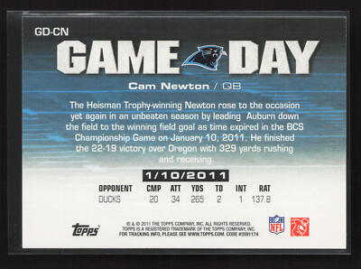 2011 Topps Game Day #GD-CN Cam Newton Carolina Panthers RC