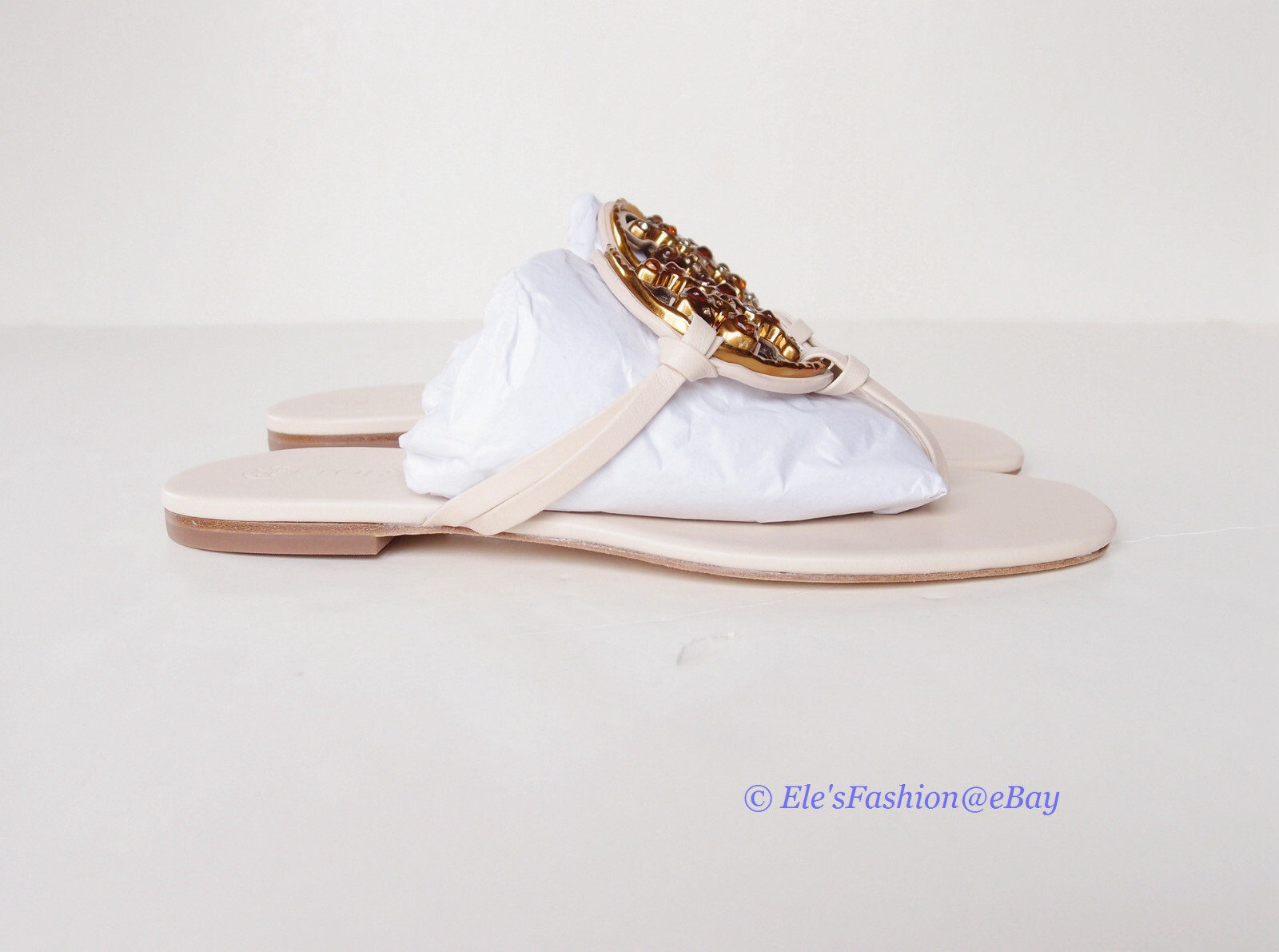 Pre-owned Tory Burch Jeweled Miller Leather Thong Sandal Brie Us 6.5 7 7.5 8 8.5 9 9.5 In Beige