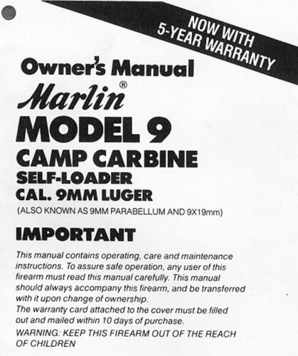 Marlin Model 9 M9 Camp Carbine Rifle Owners Instruction Manual