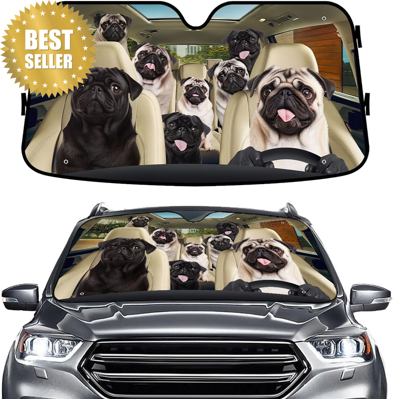Cute Pug Dog Family Funny Windshield Sun Shade for Car SUV Truck (55X30 Inches),