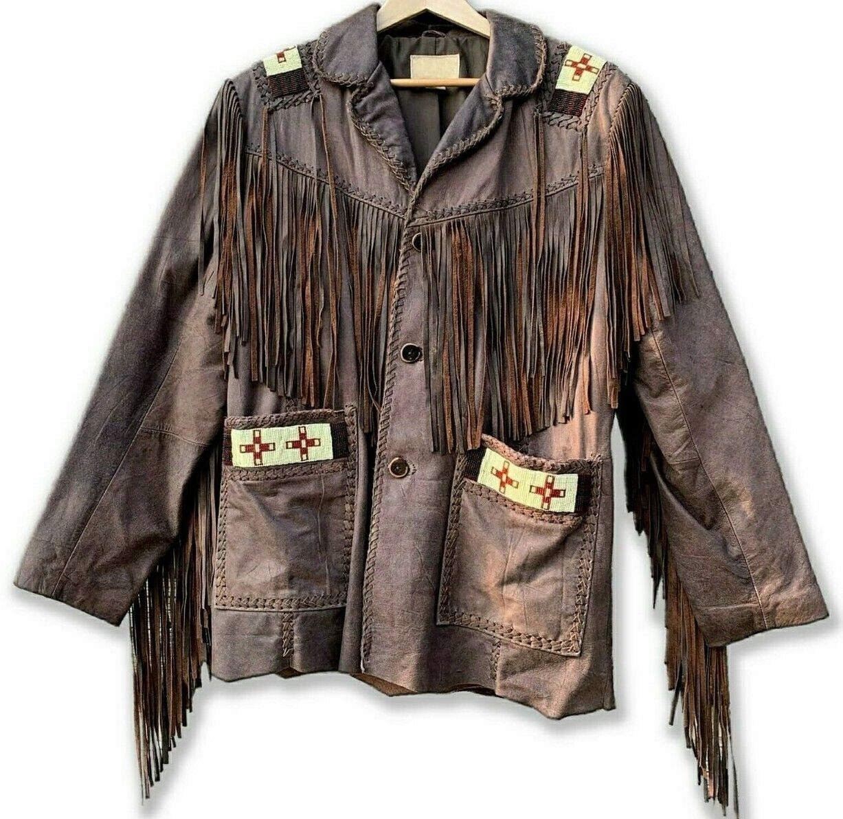 Pre-owned Leather_yorker American Native Western Wear Suede Leather Indian Jacket Fringe & Beaded Coat In Brown