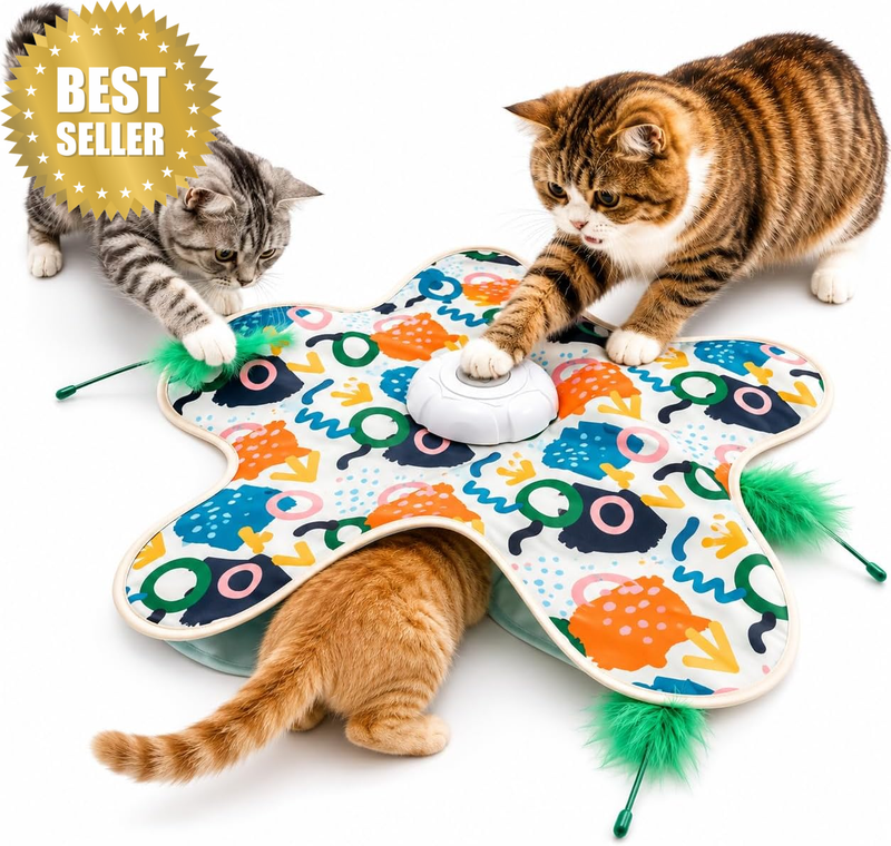 Interactive Cat Toy, Hide and Seek Feather Mat with Motion Feathers, Cat Toys fo