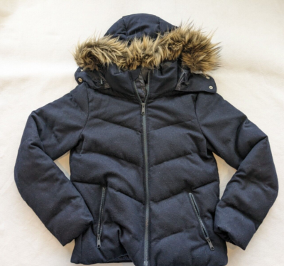 Gap Womens Small Faux Fur Hood Primaloft Puffer Quilted Navy