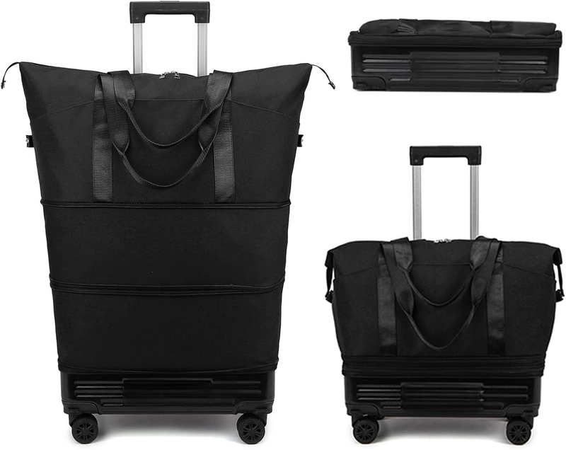 Rolling Duffle Bag with Detachable Wheels, 2025 Upgrade Expandable Foldable Suitcase for Travel, Collapsible Luggage Carry on Duffel Overnight Weekend Bag (Black)