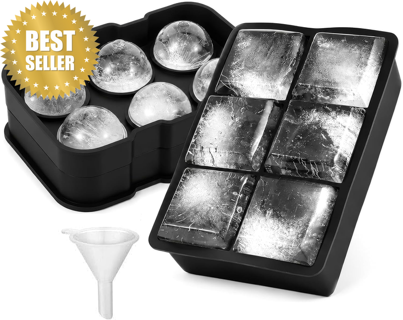 Ice Cube Tray Set of 2, Large Square & Sphere Ice Ball Molds for Whiskey and Coc