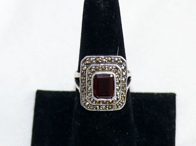 Vintage Sterling Silver 925 Faux Square Cut Ruby Marcasite Ring Size 8 7.3 Grams