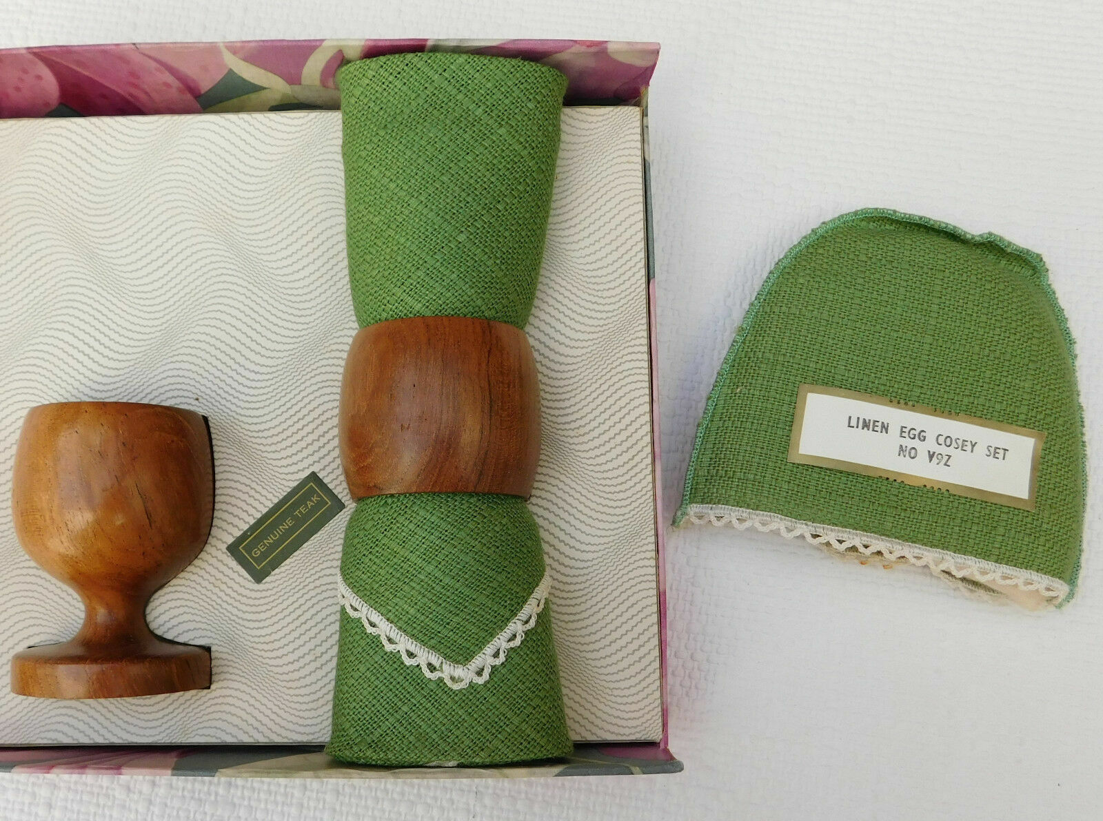 1950's Vintage Irish Linen Egg Cozy & Genuine Teak Wood Egg Cup. Made in N. Ire!