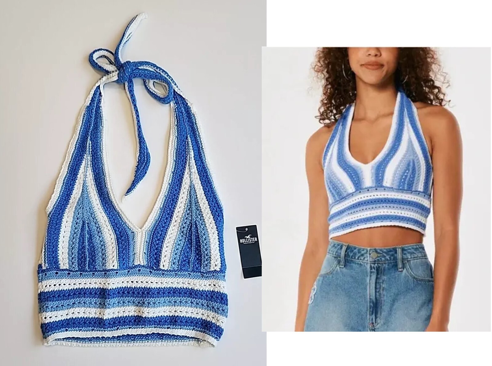 HOLLISTER Crochet Cropped Halter Top Blue White Size Small NEW NWT | eBay