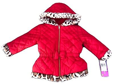 Pistachio girls quilted puffer jacket with leopard faux fur trim Girls Sz 4 - Sm