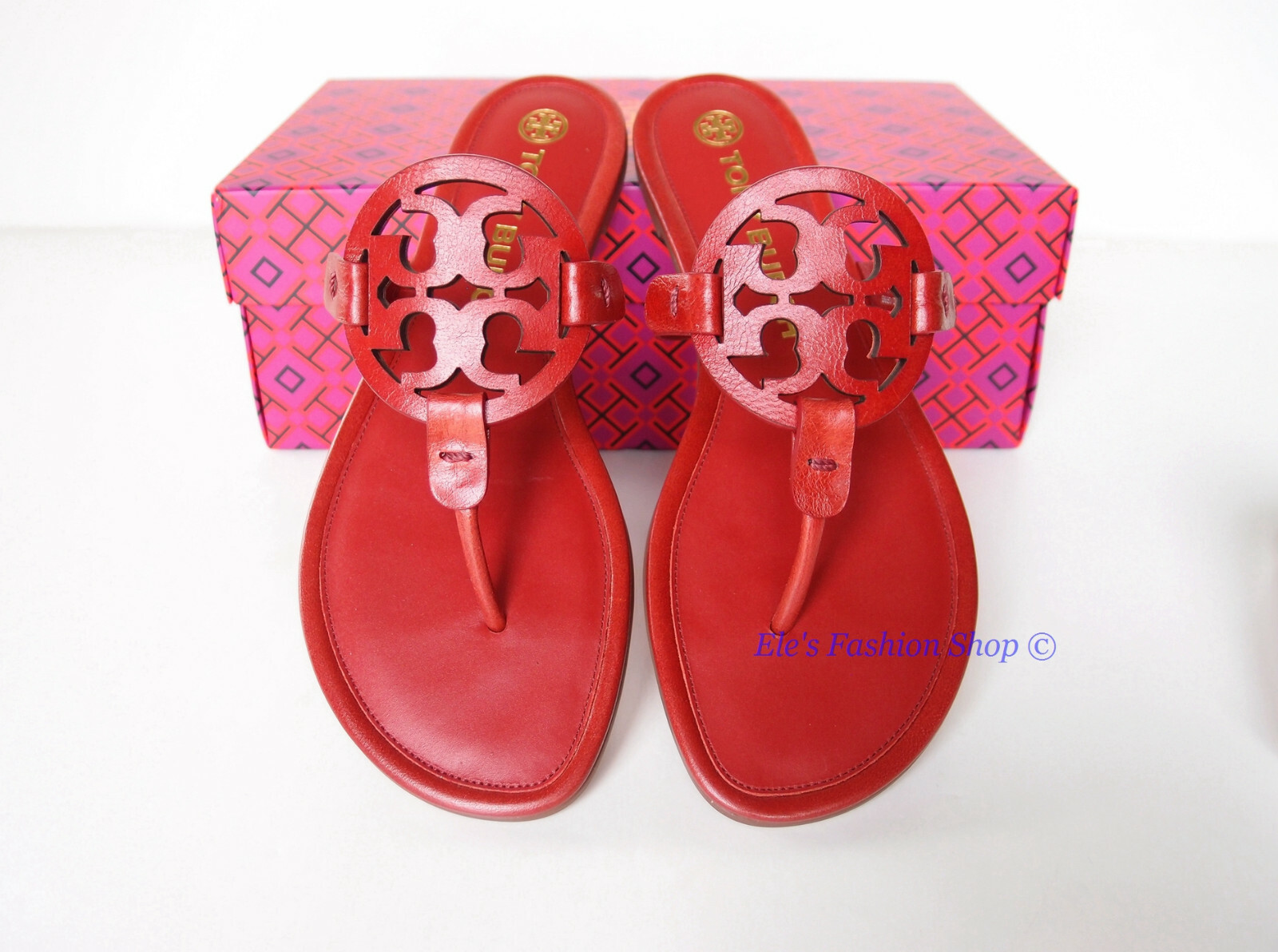 Pre-owned Tory Burch Miller Leather Thong Sandal Poinsettia Red Us 7 Authentic