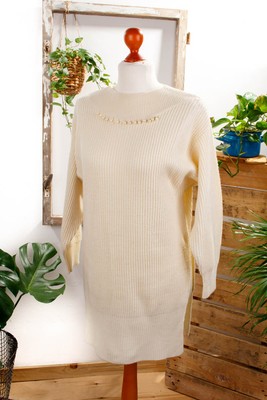 Vintage orig 90er Pullikleid Langpulli Pullover creme Perlen vegan M