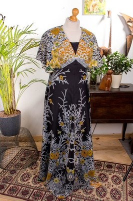 %SALE% Vintage 70er Hippie Maxikleid lang Chiffon schwarz bunt Boho Schlager 44