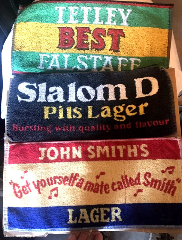 Vintage Bar Pub Beer 3x Towel BEER LAGER Lot TETLRY JOHNS SMITHS SLALOM FALSTAFF