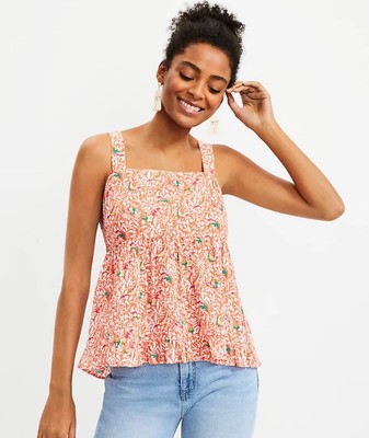 Loft Petites Size 14p Bird Tie Back Peplum Cami Cotton Coral Summer Blouse Tank