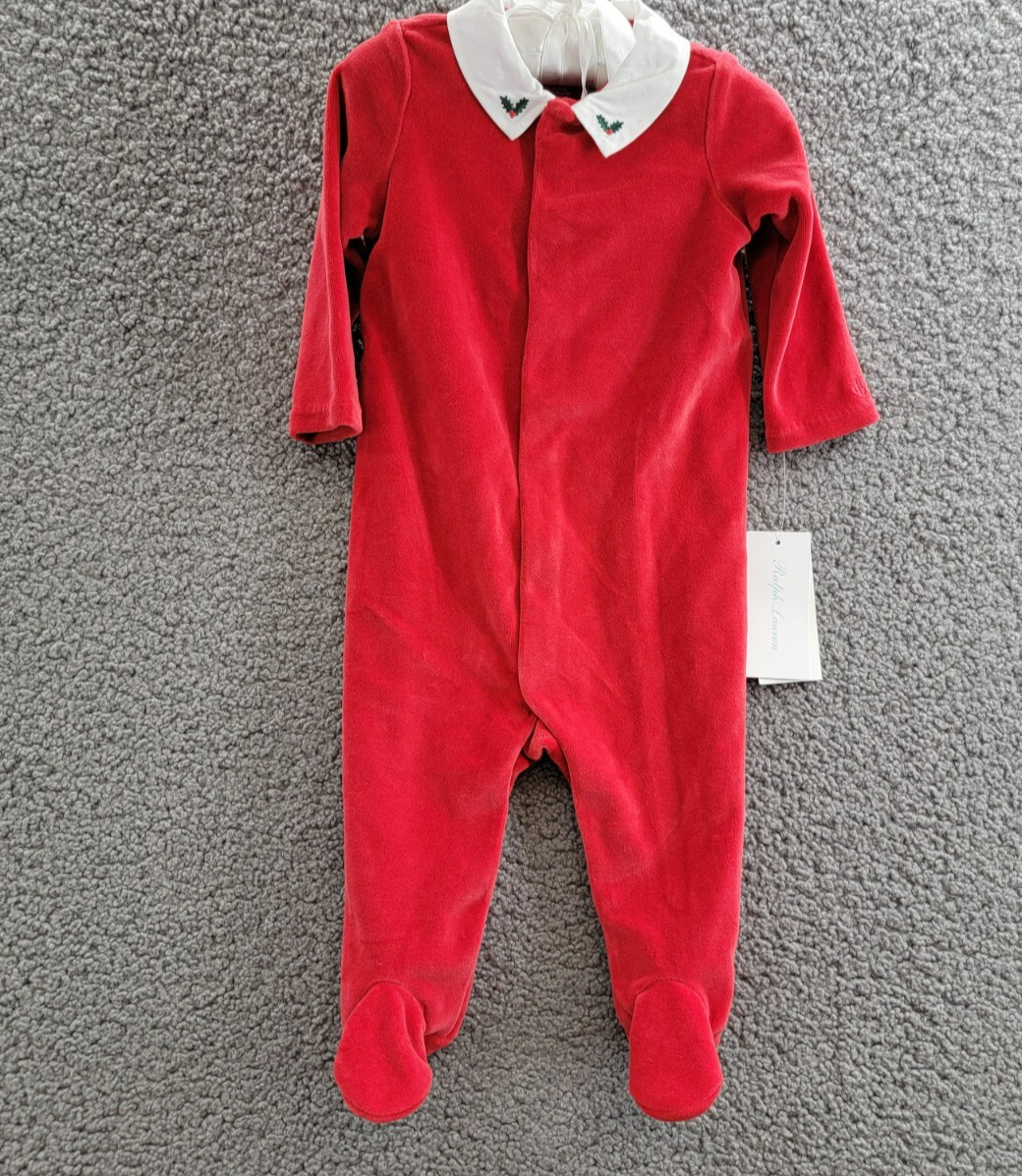 Ralph Lauren Embroidered Velour Footed Coverall Baby Boys' 6M Red Snap Placket - Picture 2 of 19
