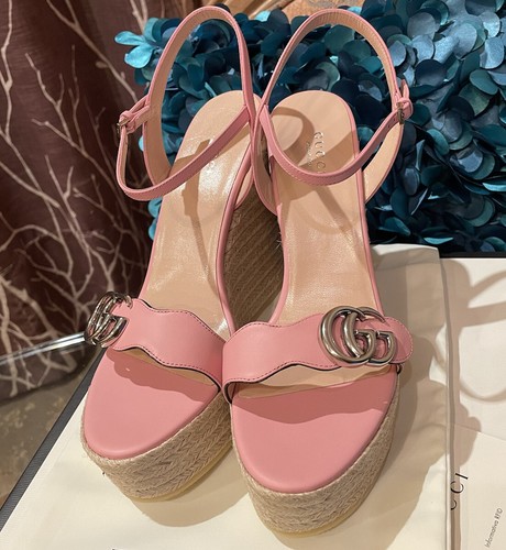 HOT! Gucci GG Marmont Leather Platform Wedge Sandals Sz EU