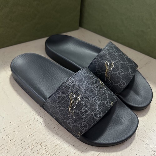 Pre-owned Gucci Men Cancas Gg Supreme Tigers Print Sandal Black 7 Us/6 Uk 407345