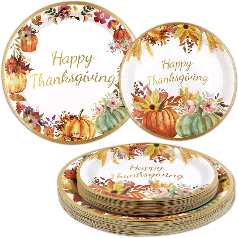 Thanksgiving Paper Plates 48 Pcs Fall Disposable Dinnerware Heavy Duty for 24 Gu