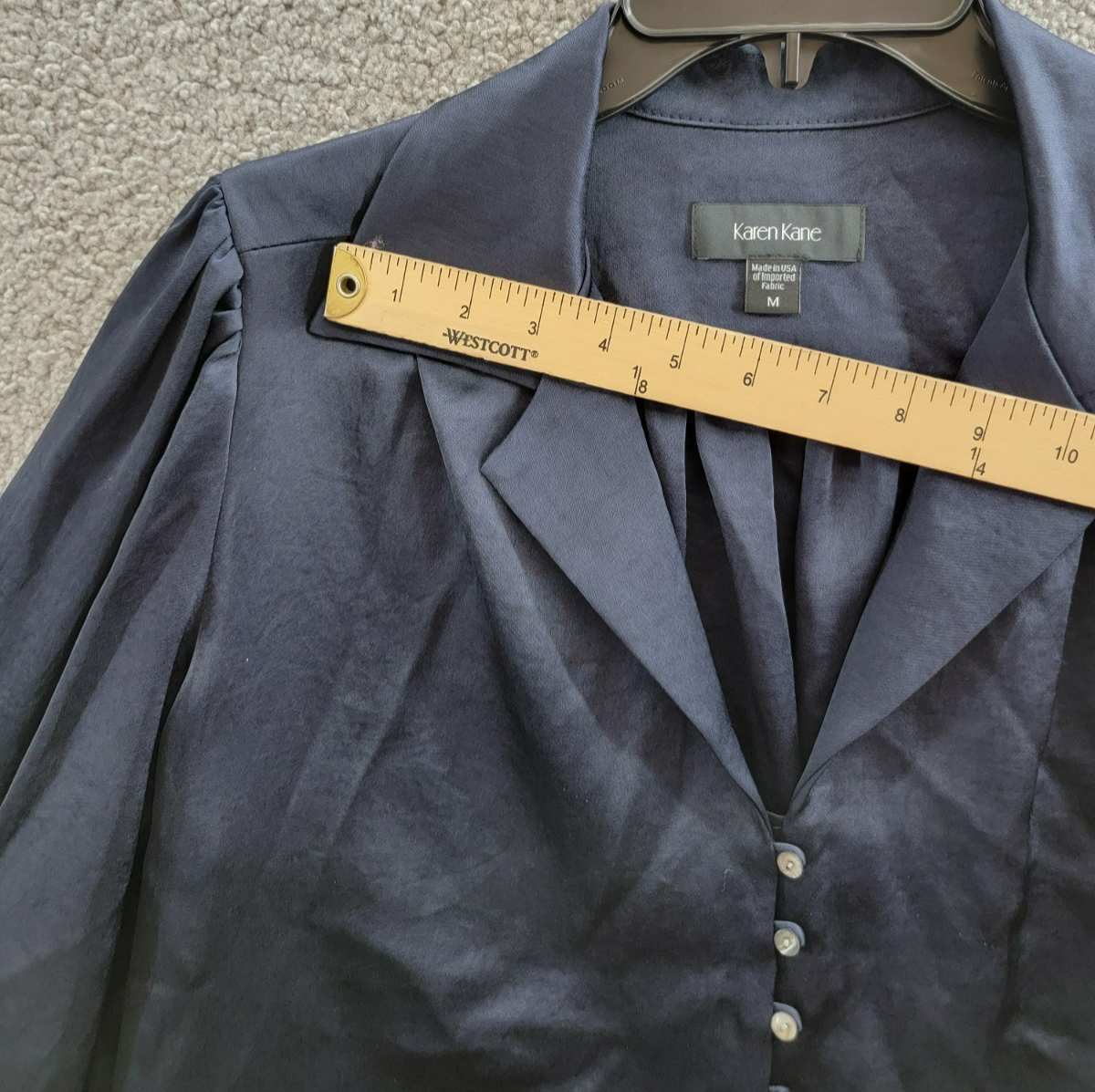 Karen Kane Shirred Blouse Women's M Navy Solid Collared Long Sleeve Button Front - Picture 7 of 18