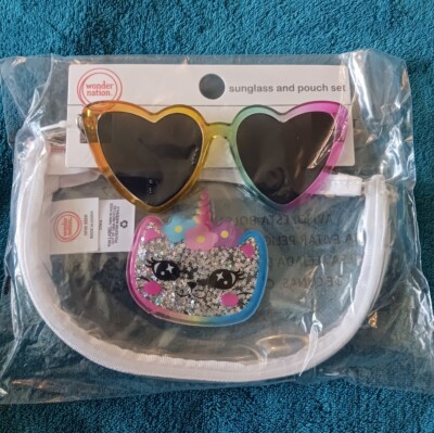 Wonder Nation Kids  Sunglass and Pouch Set with GLITTERED unicorn cat 