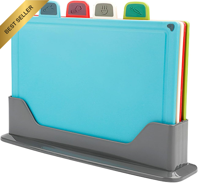Plastic Cutting Board, Set of 4 with Storage Stand, Extra Thick Flexible Cutting