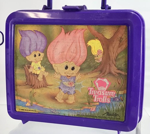 Vintage Disney Ace Treasure Trolls Aladdin Plastic Purple Lunch Box Thermos 1992