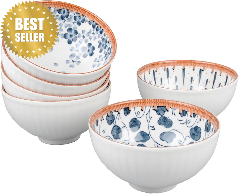6 Pack Ceramic Bowls, Japanese Style, 10 Ounces Thickening Blue and White Porcel