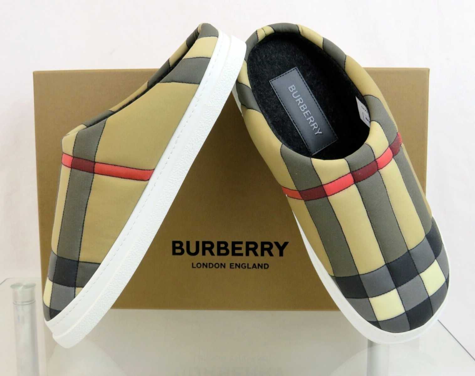 $620 BURBERRY HOMIE WOMEN QUILTED BEIGE CHECK LOGO LOAFER