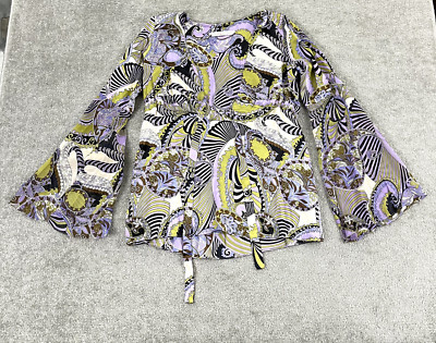 ALICE & TRIXIE Top Womens Small 100% Silk Blouse Tie Front Bell Sleeve V-Neck