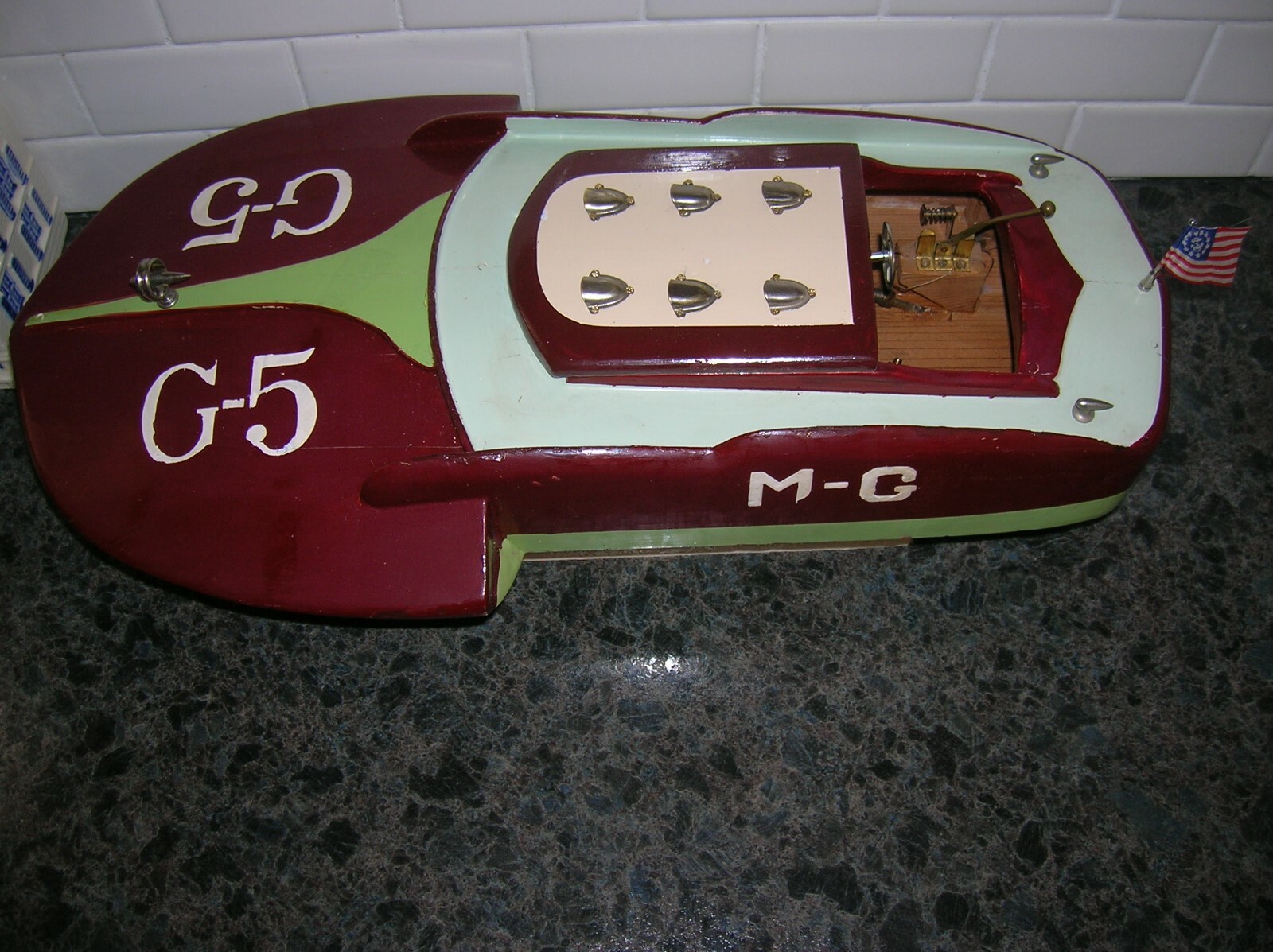 TOY WOOD BOAT ITO HYDROPLANE G-5 18 IN.K&O VINTAGE BATTERY OPERATED BOAT WOODEN