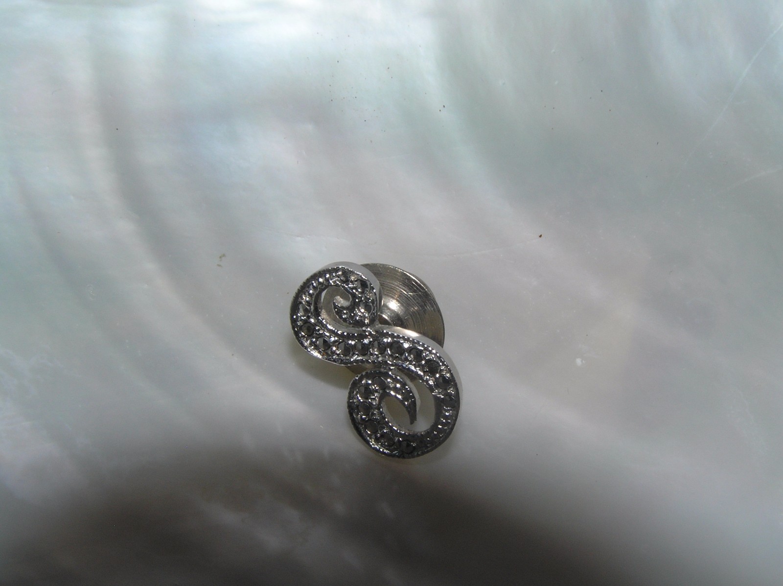 Vintage Faux Marcasite Silvertone Swirly Initial S Tie Tac or Lapel or Hat Pin