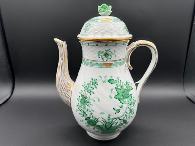 HEREND Chinese Bouquet Green(AV) Hand-painted Large Coffee Pot&Lid w/Rose Finial