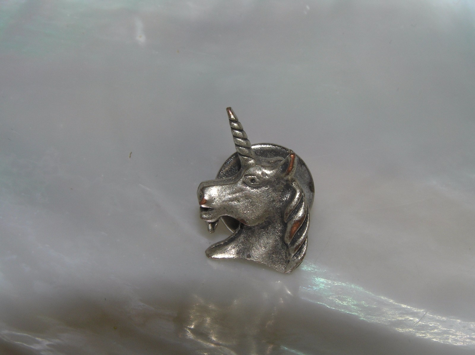 Estate Carved Pewter Bearded Unicorn Horse Head Tie Tac Hat or Lapel Pin – marke