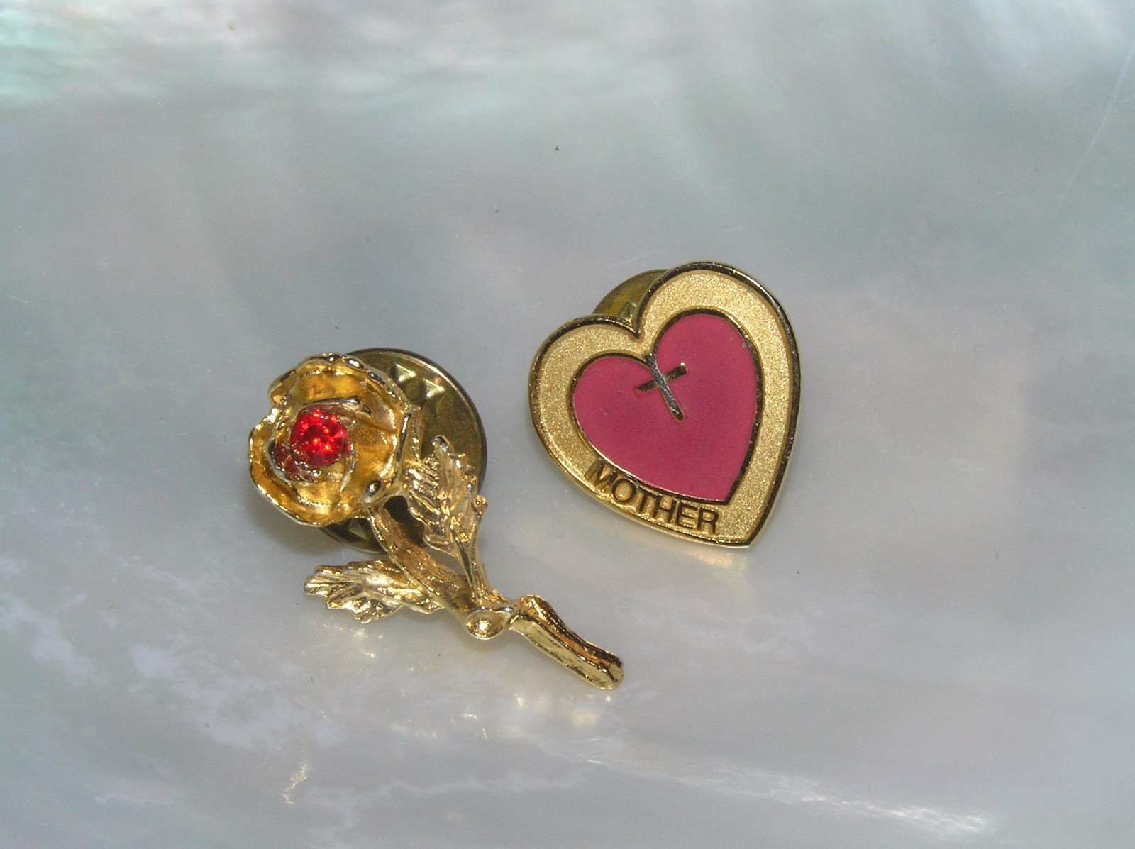 Estate Lot of 2 Small Christian Red Enamel Goldtone Mother Heart & Rose Pin  –