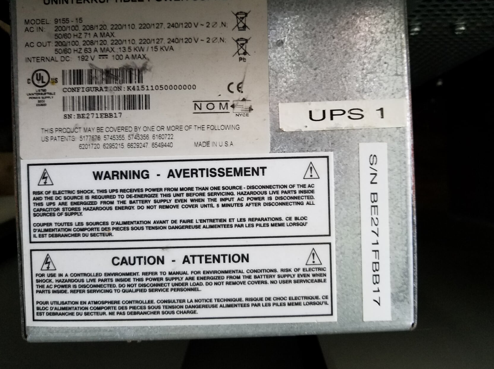 2011 Eaton PW 9155-15 15kVA 13.5kW UPS 240/120v
