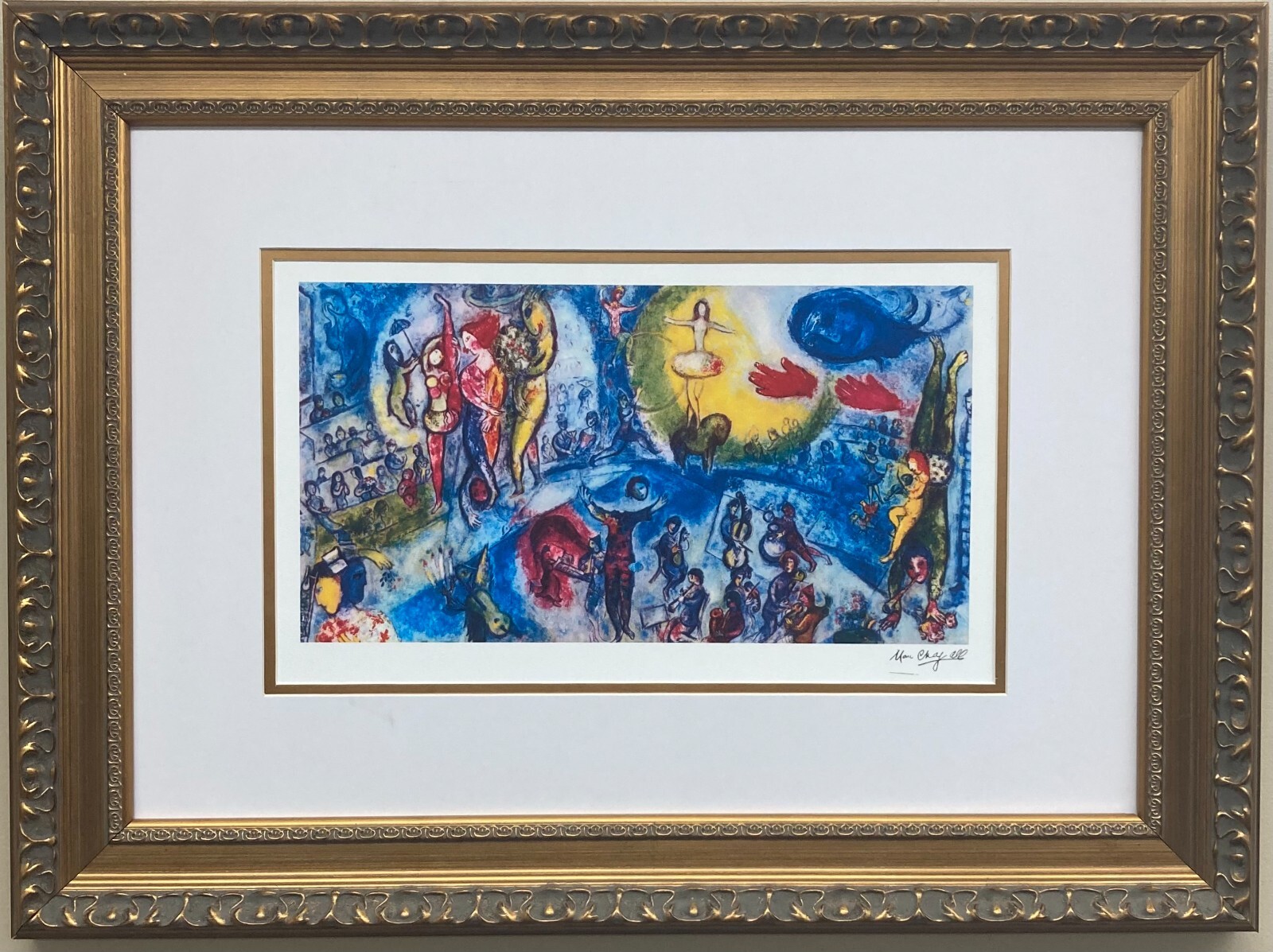 子犬　Marc Chagall 抽象画 金色フレーム 子犬 Marc Chagall 抽象画 金色フレーム シャガール・版画「曲芸