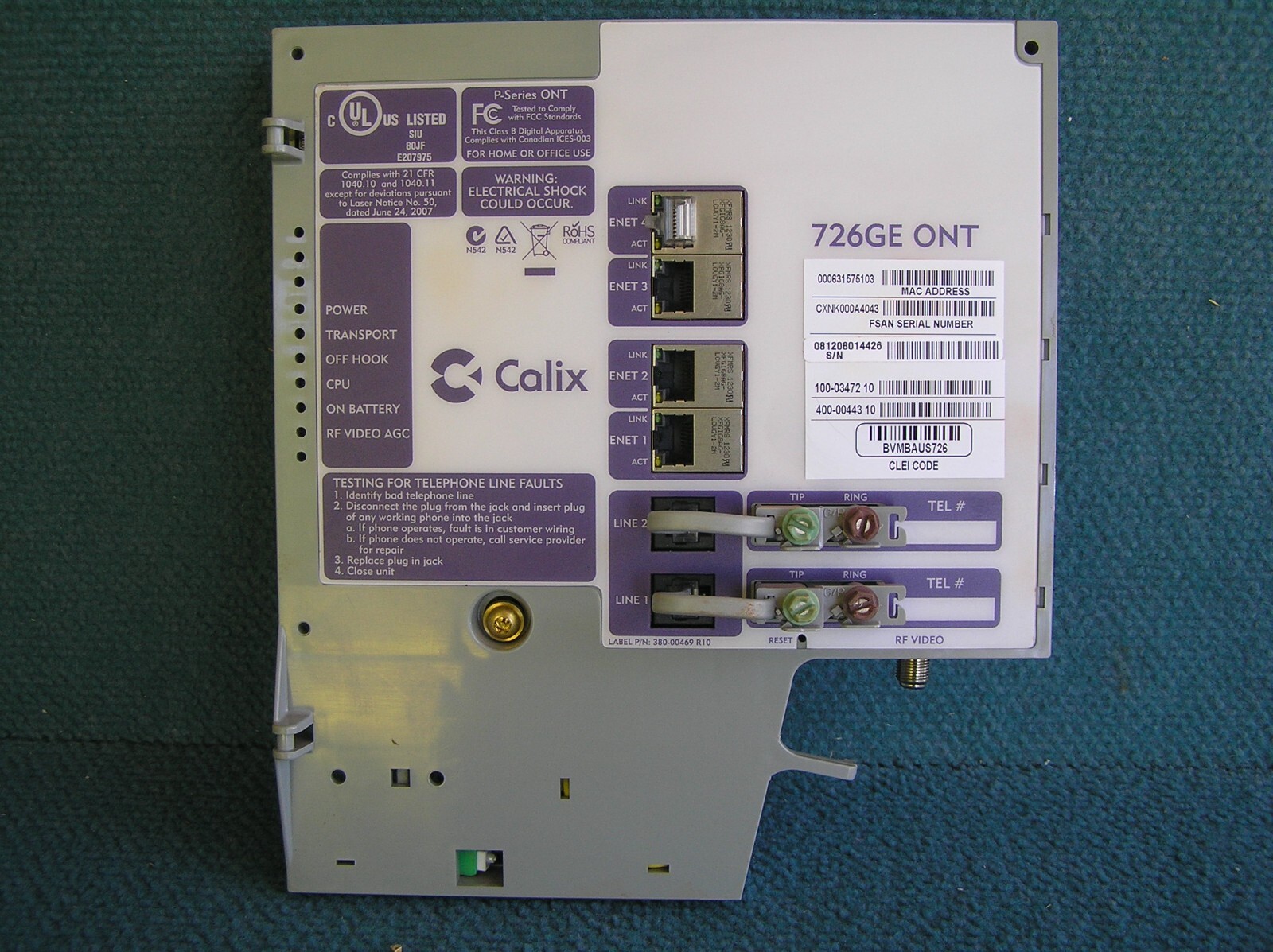 Calix 726GE Ont Optical Network Terminal 2 Pots 4 Ge and 1