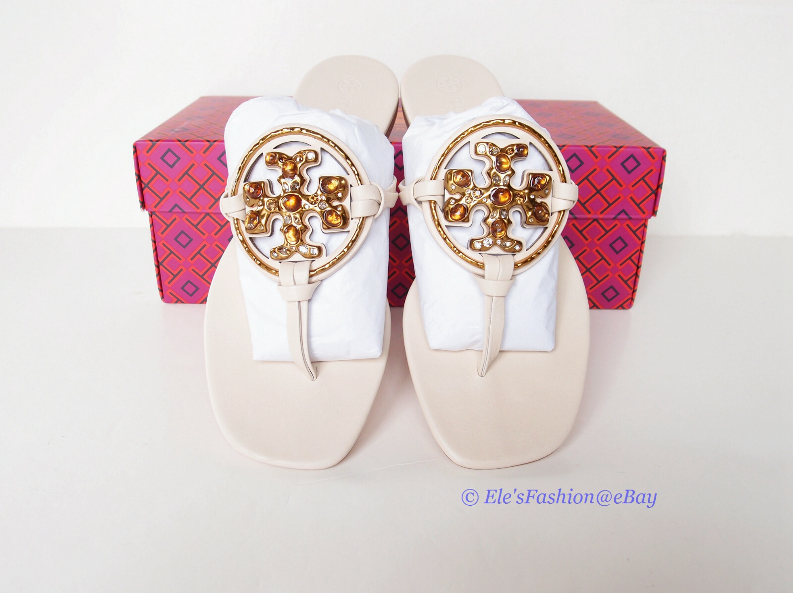Pre-owned Tory Burch Jeweled Miller Leather Thong Sandal Brie Us 6.5 7 7.5 8 8.5 9 9.5 In Beige