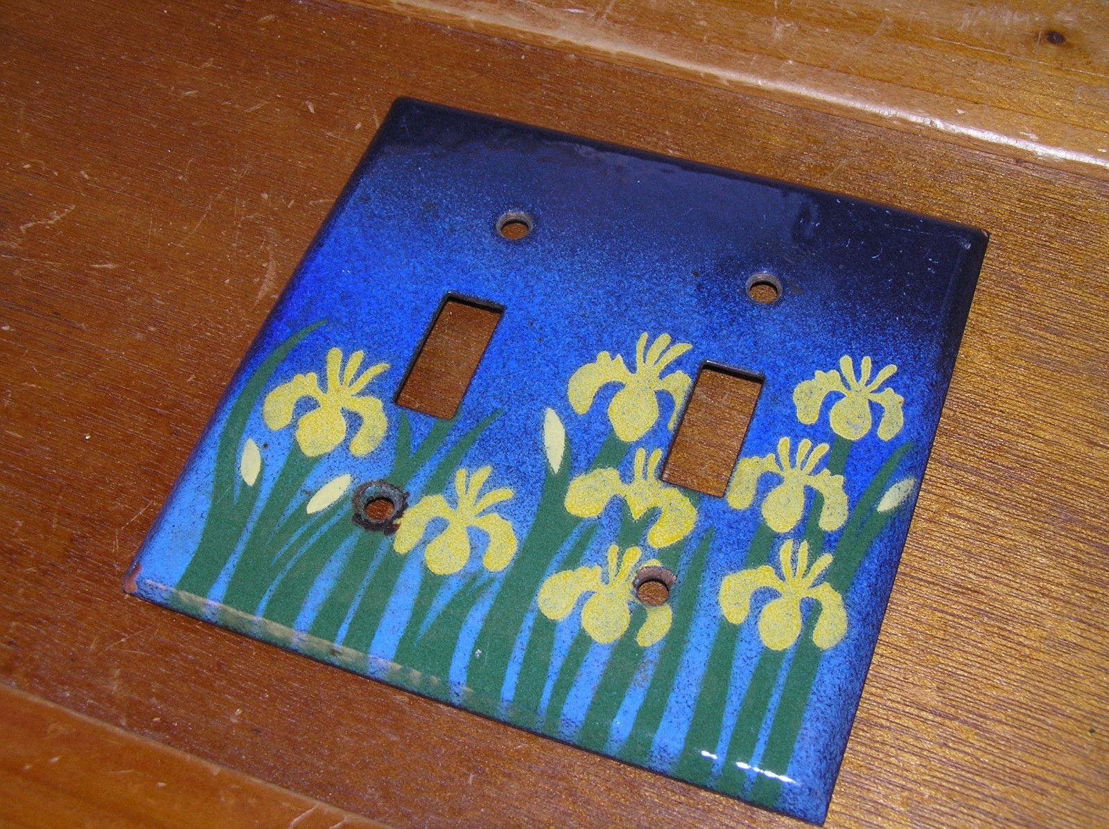 Estate Graded Blue Enamel with Yellow Daffodil Flowers Copper Metal Double Light