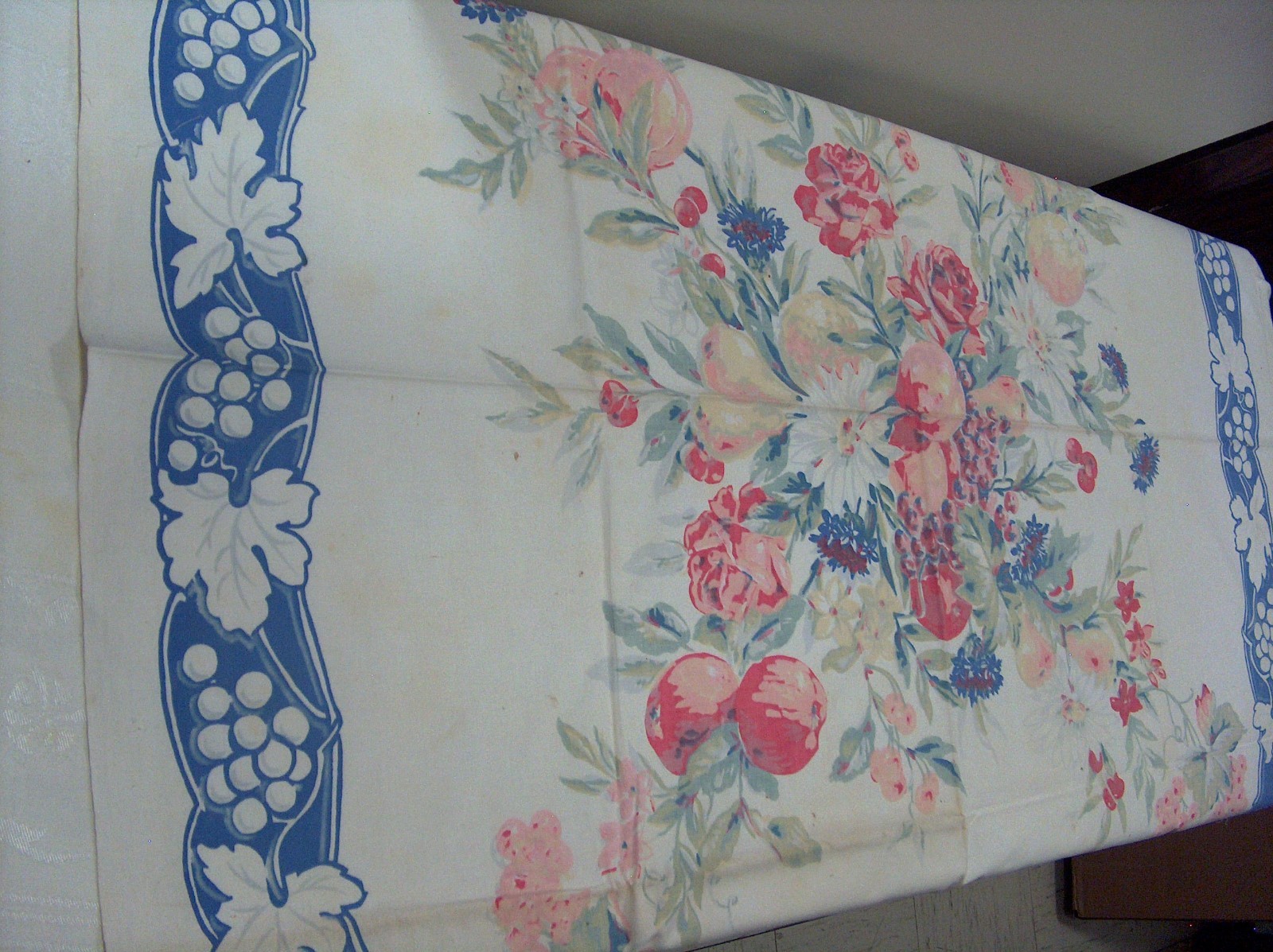 Vintage Tablecloth White w Blue Light Color Fruit & Flowers Queen Anne Shawmut