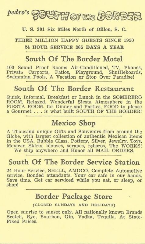 South Carolina SC South of the Border Advertising Card With Mileage To US Cities